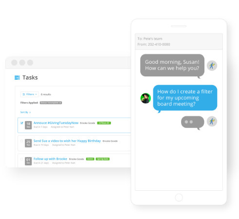 This image shows a text message exchange and a task list within Network for Good’s fundraising software.