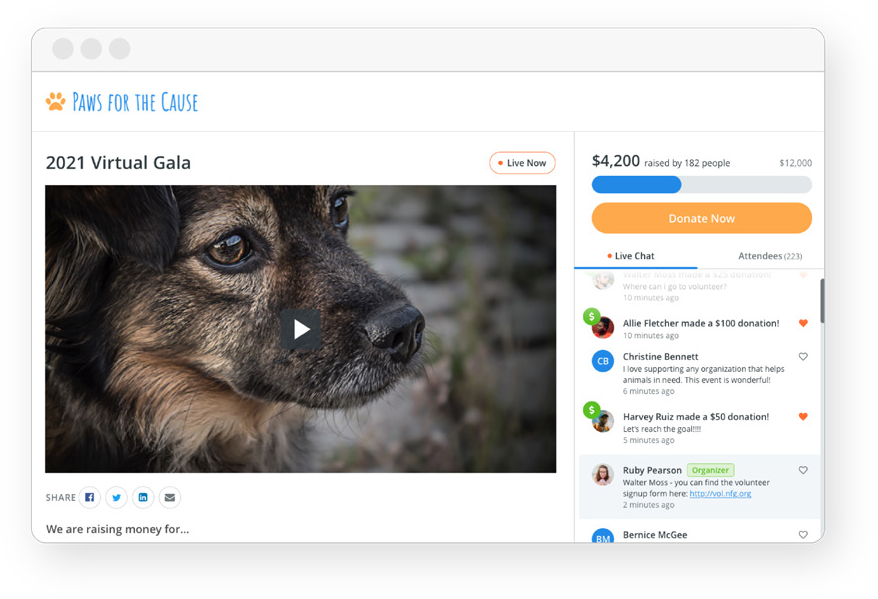 This is an image of a dog on the front page of a virtual gala event page. The image shows a visual of what Network for Good’s fundraising software looks like for events and auctions.