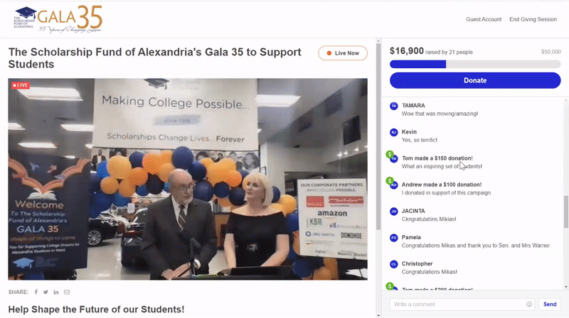 A virtual gala livestream hosted in our nonprofit auction software with a live participant chat and donation thermometer.
